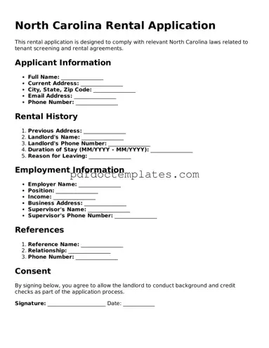 Blank  Rental Application Document for North Carolina