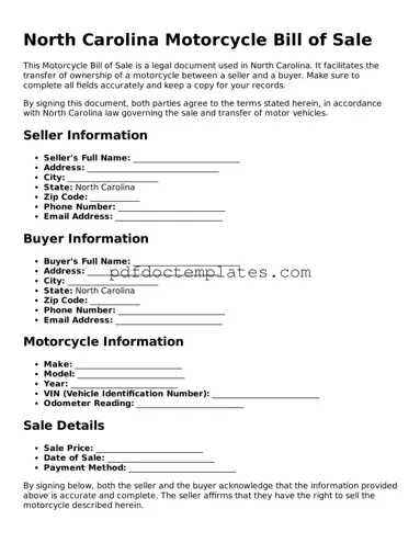Blank  Motorcycle Bill of Sale Document for North Carolina