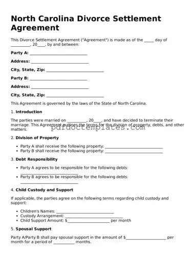 Blank  Divorce Settlement Agreement Document for North Carolina