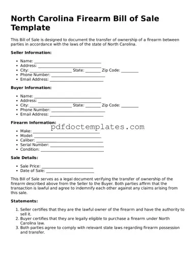 Blank  Firearm Bill of Sale Document for North Carolina