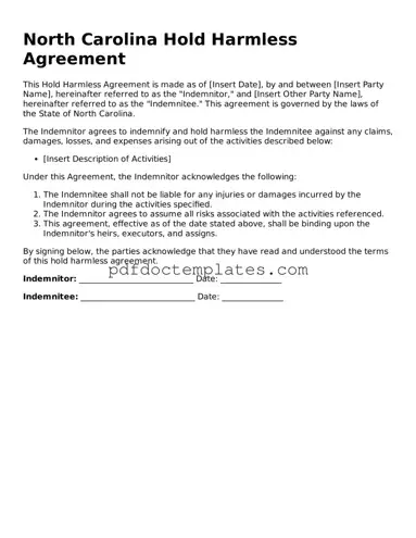 Blank  Hold Harmless Agreement Document for North Carolina