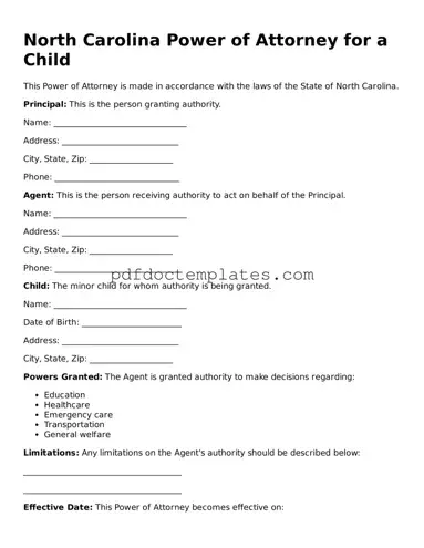 Blank  Power of Attorney for a Child Document for North Carolina