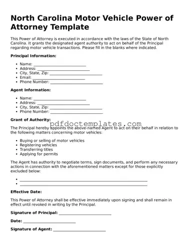 Blank  Motor Vehicle Power of Attorney Document for North Carolina