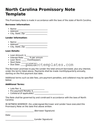 Blank  Promissory Note Document for North Carolina