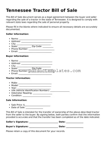 Blank  Tractor Bill of Sale Document for Tennessee