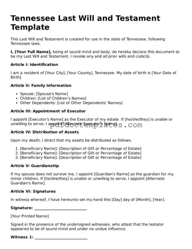 Blank  Last Will and Testament Document for Tennessee