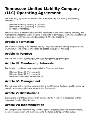 Blank  Operating Agreement Document for Tennessee
