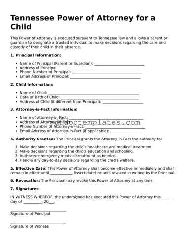 Blank Power of Attorney for a Child Document for Tennessee