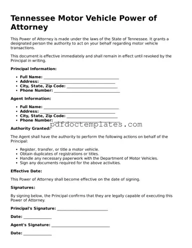 Blank  Motor Vehicle Power of Attorney Document for Tennessee