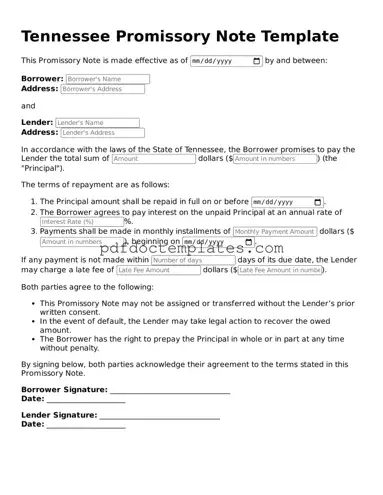 Blank  Promissory Note Document for Tennessee