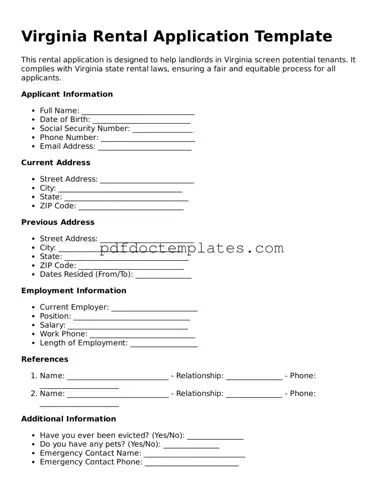 Blank  Rental Application Document for Virginia