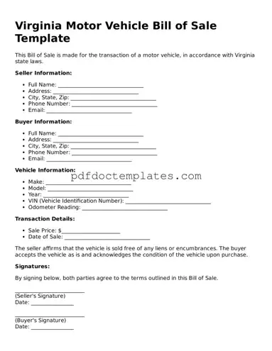 Blank  Motor Vehicle Bill of Sale Document for Virginia