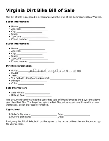 Blank  Dirt Bike Bill of Sale Document for Virginia