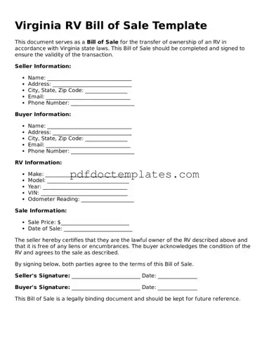 Blank  RV Bill of Sale Document for Virginia