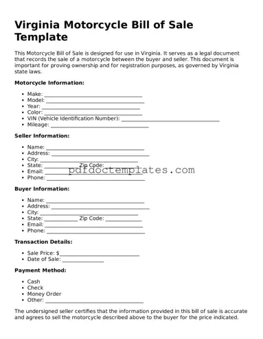 Blank  Motorcycle Bill of Sale Document for Virginia