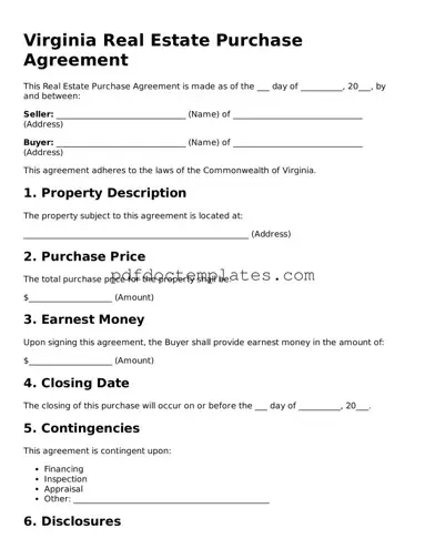 Blank  Real Estate Purchase Agreement Document for Virginia