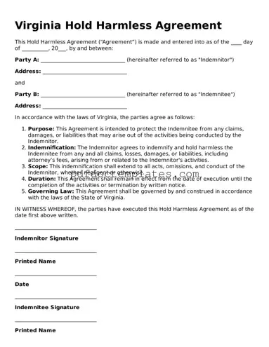 Blank  Hold Harmless Agreement Document for Virginia