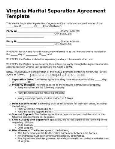 Blank  Marital Separation Agreement Document for Virginia