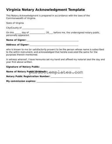 Blank  Notary Acknowledgement Document for Virginia