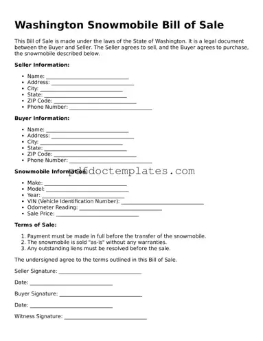 Blank  Snowmobile Bill of Sale Document for Washington