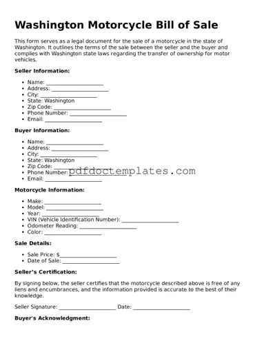 Blank Motorcycle Bill of Sale Document for Washington