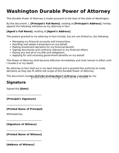 Blank  Durable Power of Attorney Document for Washington