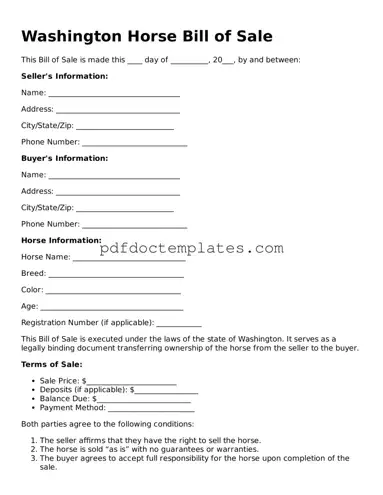 Blank  Horse Bill of Sale Document for Washington