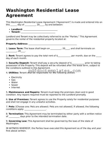Blank  Residential Lease Agreement Document for Washington