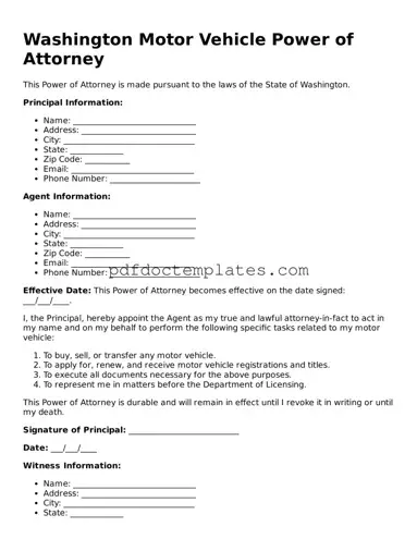 Blank  Motor Vehicle Power of Attorney Document for Washington