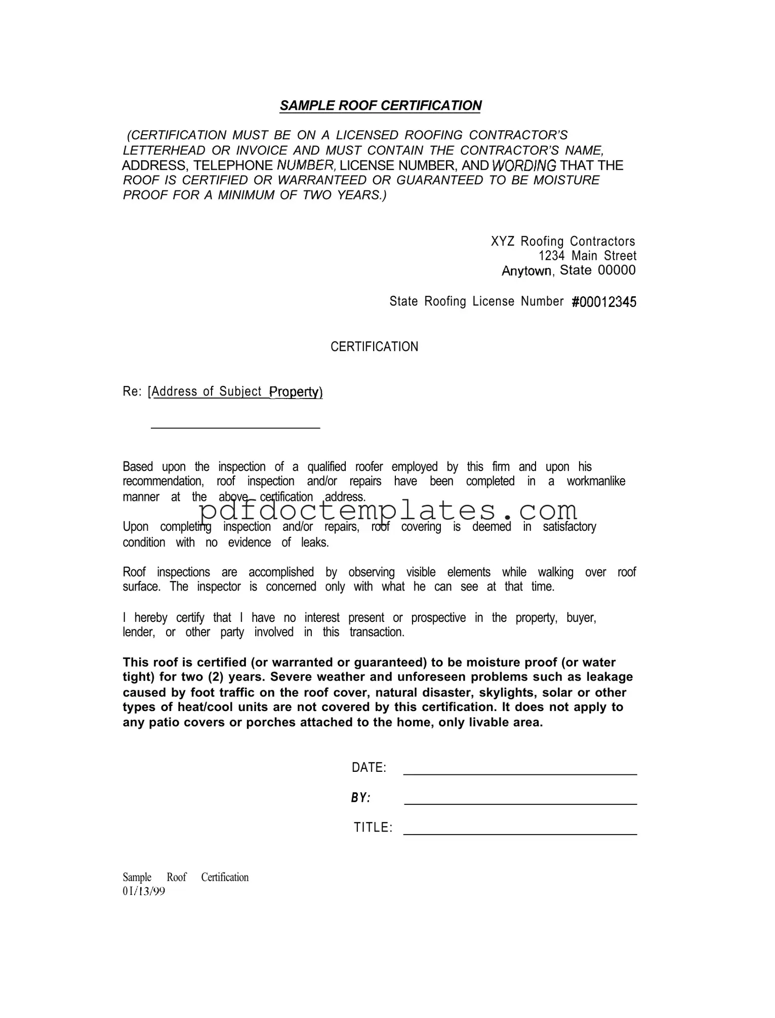 Download Sample Roof Certification Template