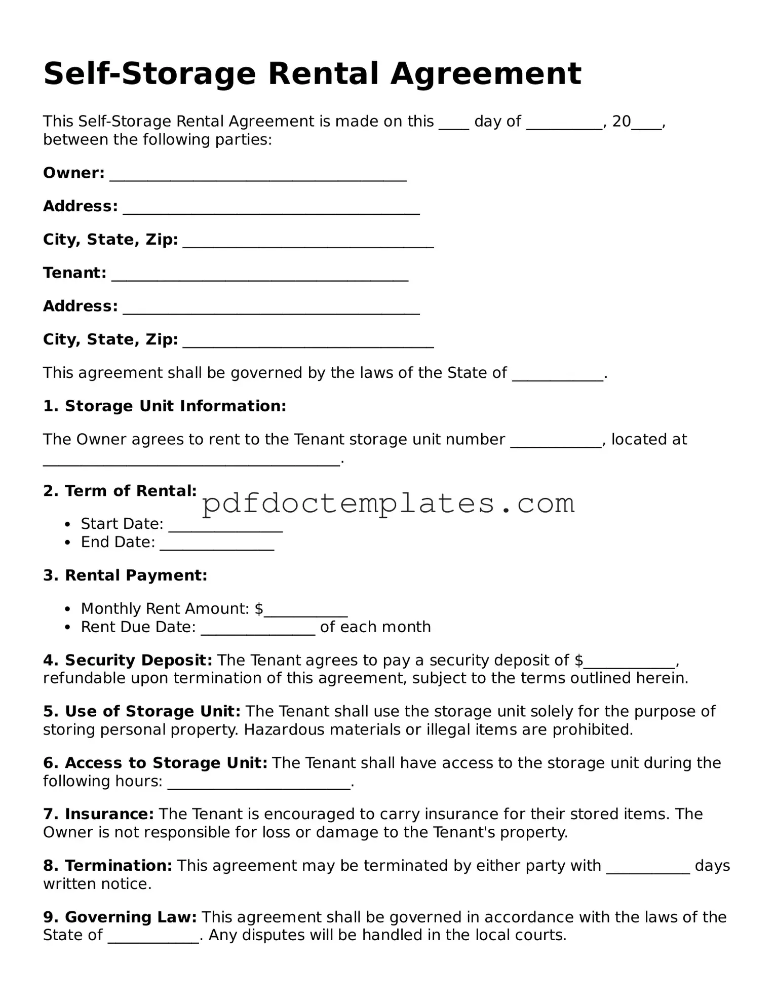 Printable Self-Storage Rental Agreement Template
