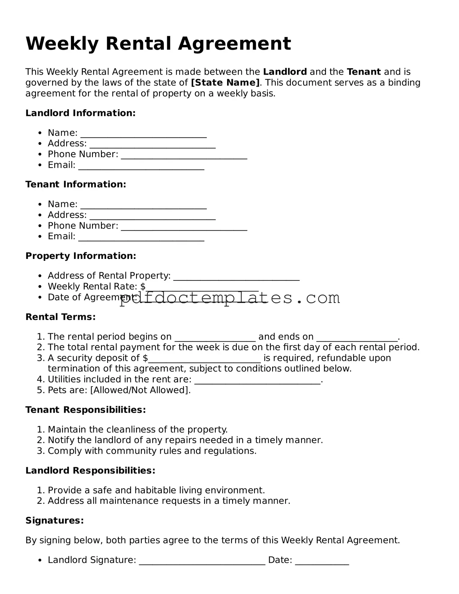 Printable Weekly Rental Agreement Template