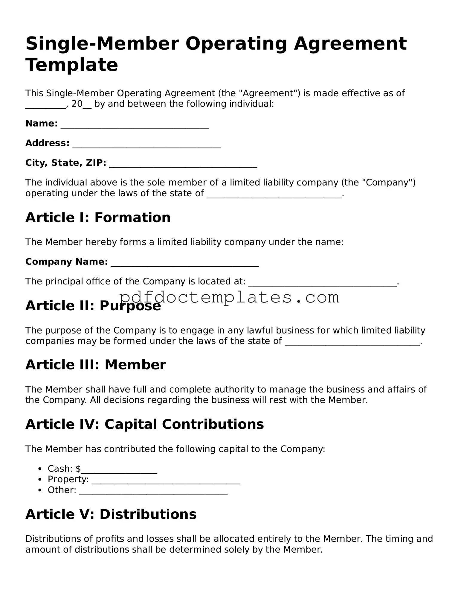 Printable Single-Member Operating Agreement Template