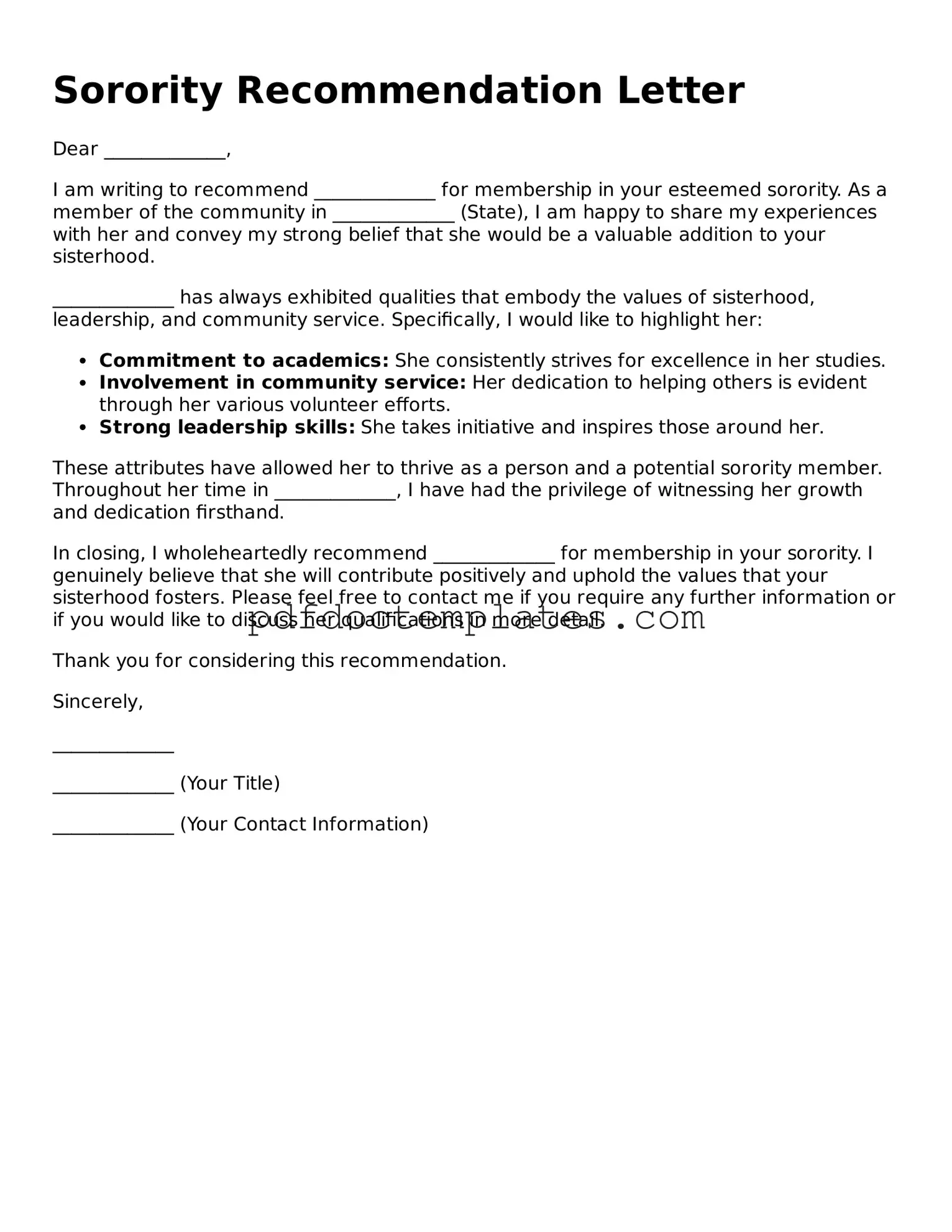 Printable Sorority Recommendation Letter Template