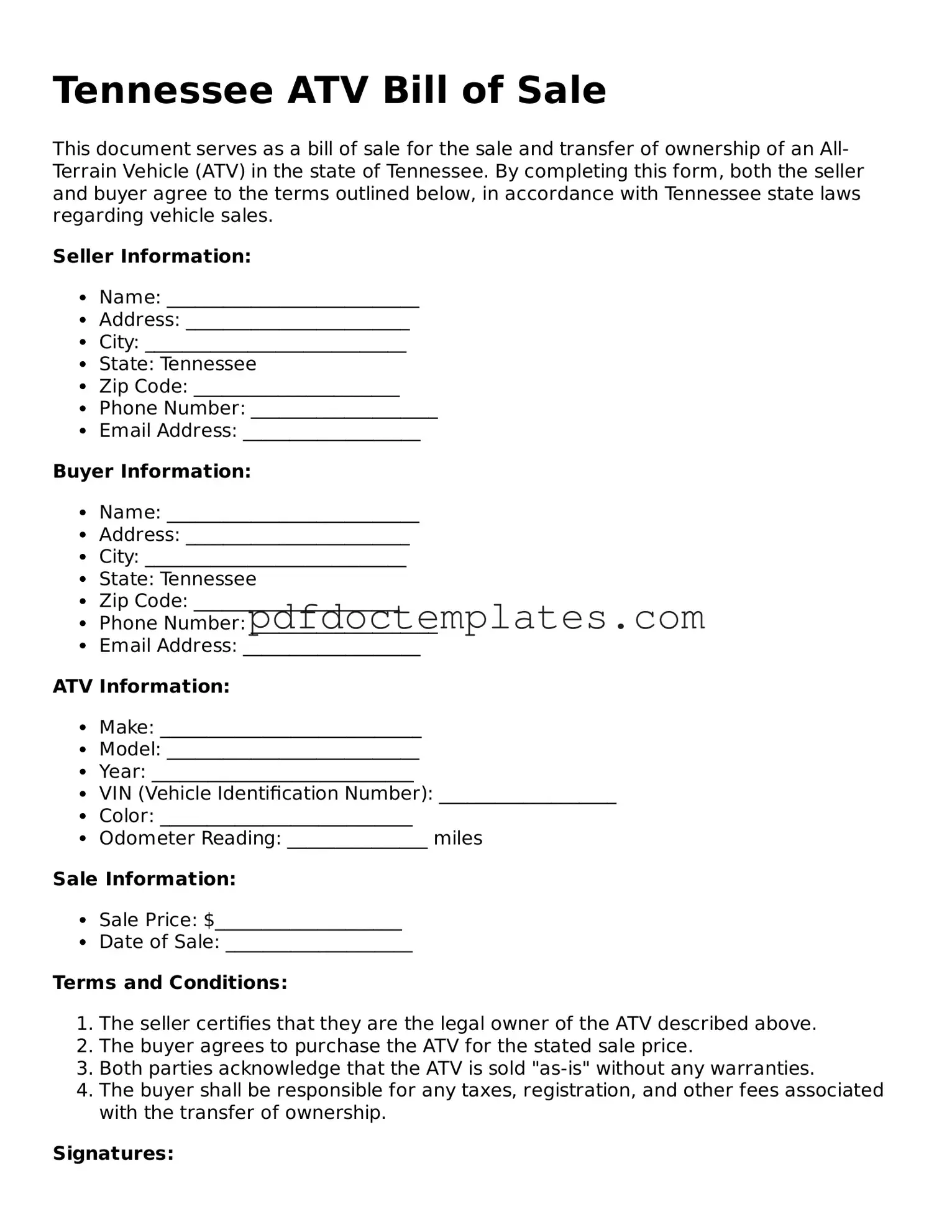 Blank  ATV Bill of Sale Document for Tennessee