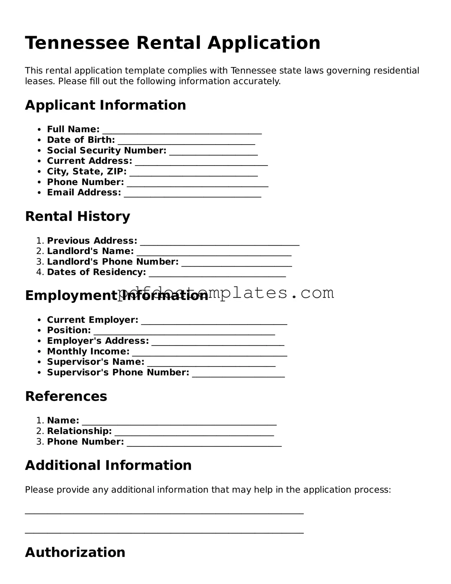 Blank  Rental Application Document for Tennessee