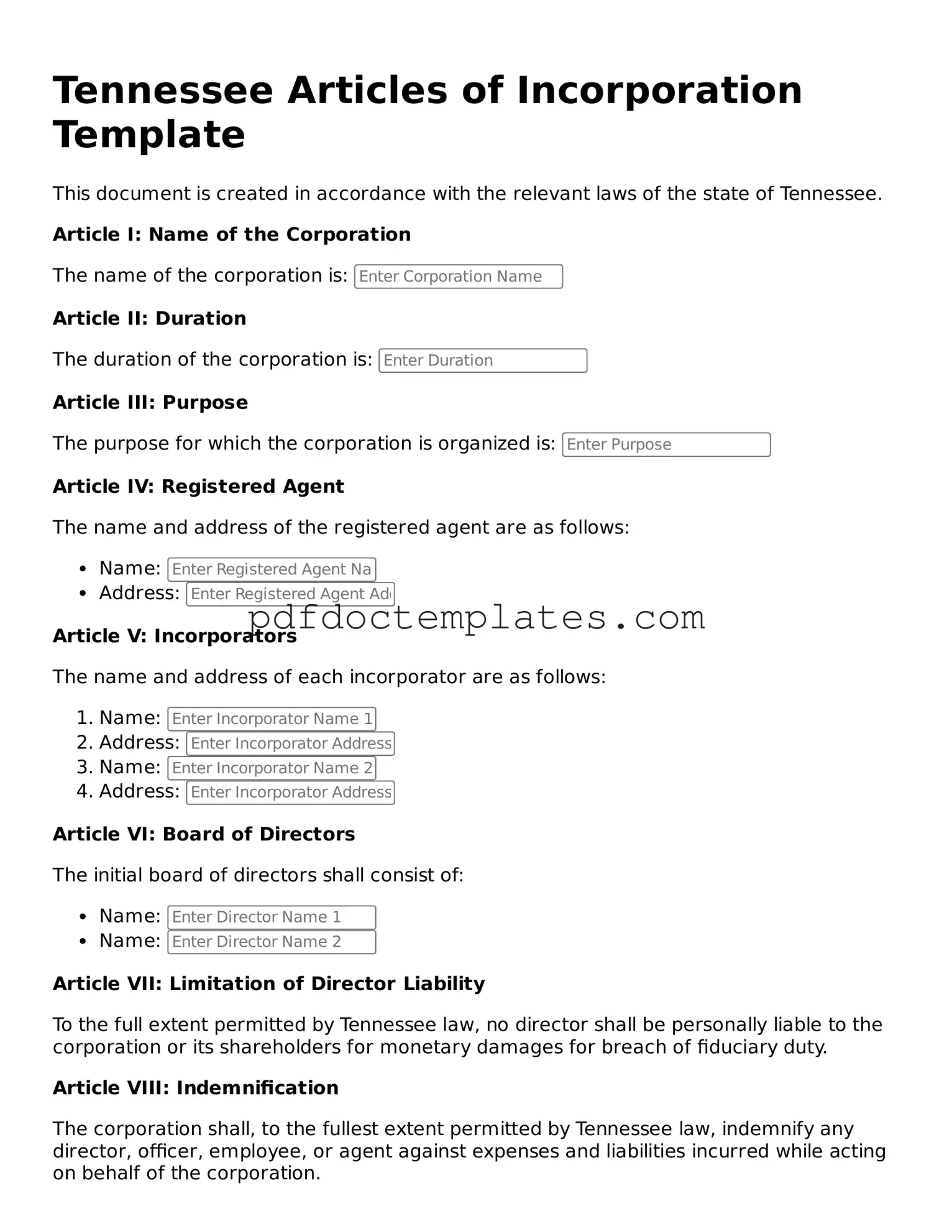 Blank  Articles of Incorporation Document for Tennessee
