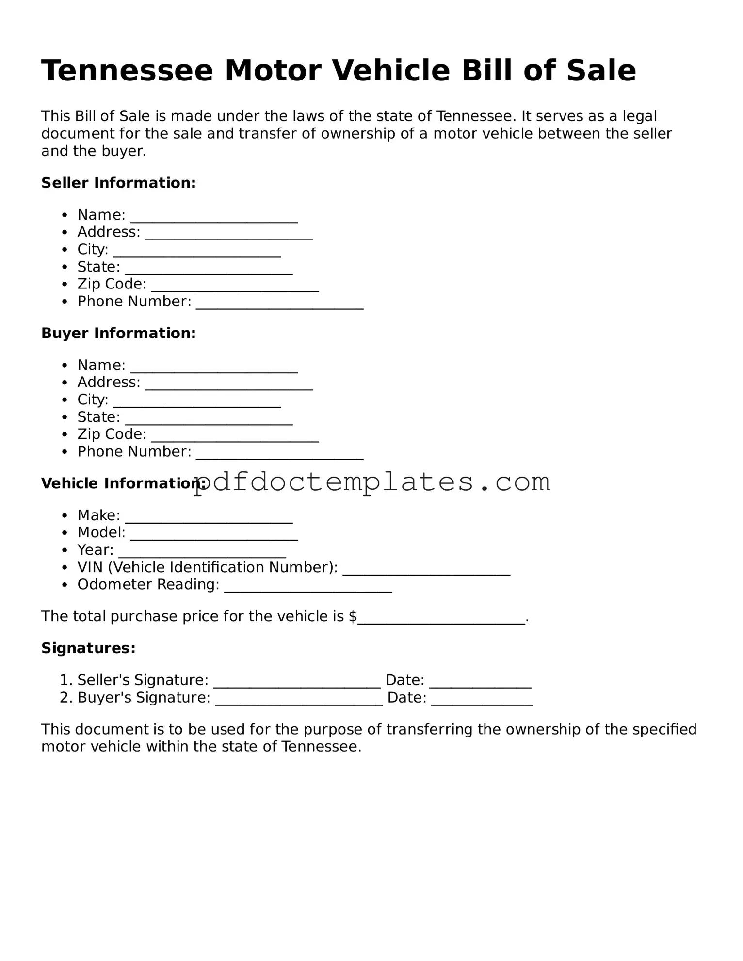Blank Motor Vehicle Bill of Sale Document for Tennessee
