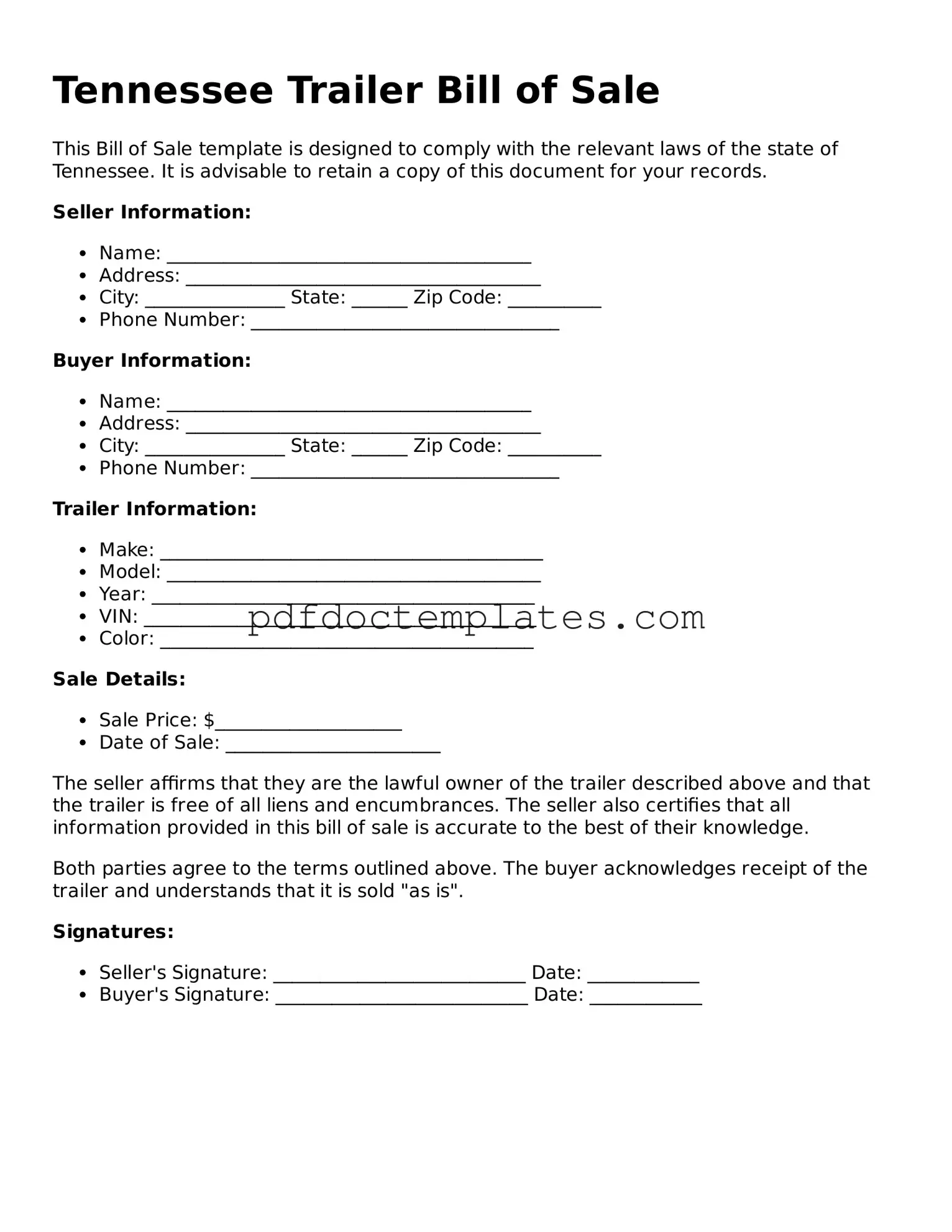 Blank  Trailer Bill of Sale Document for Tennessee