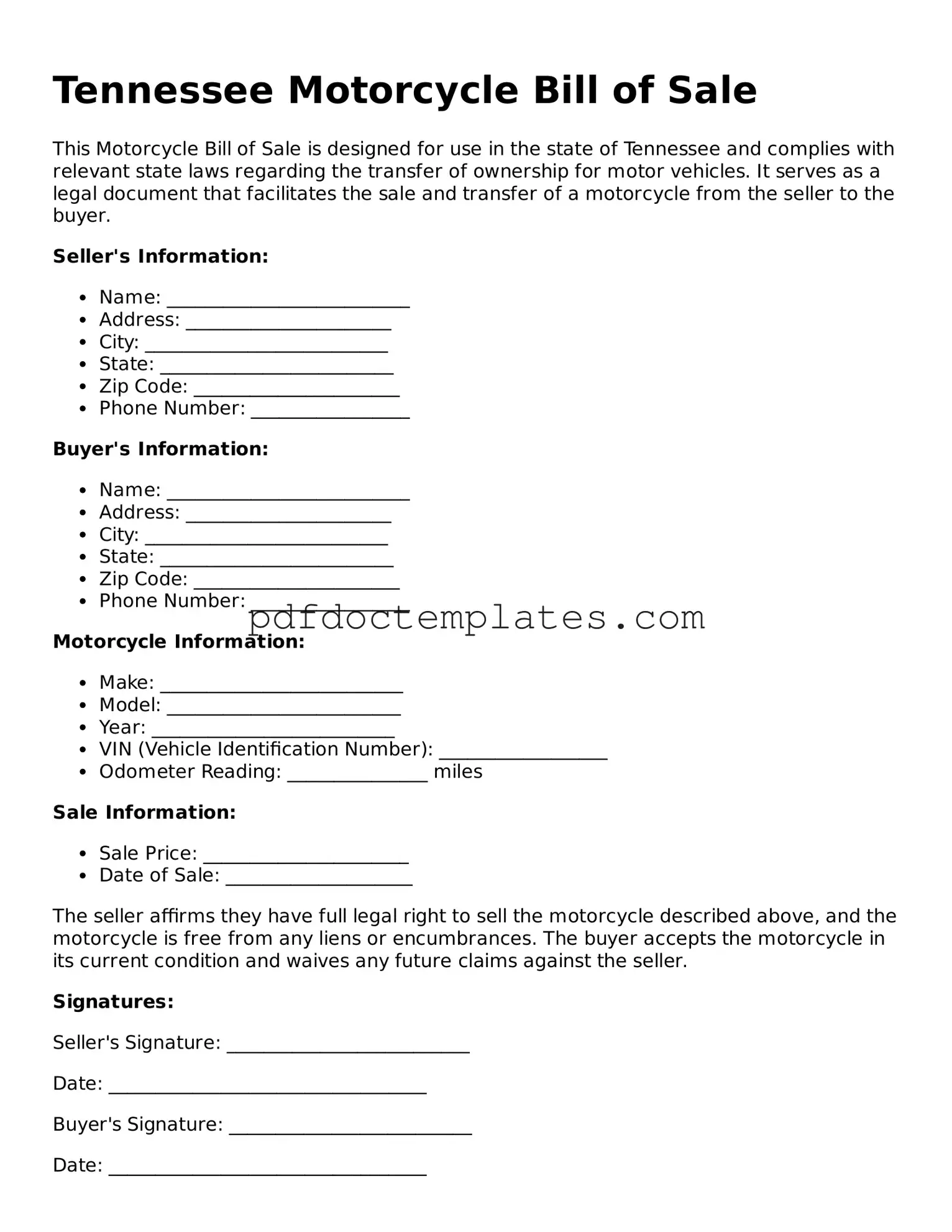 Blank  Motorcycle Bill of Sale Document for Tennessee