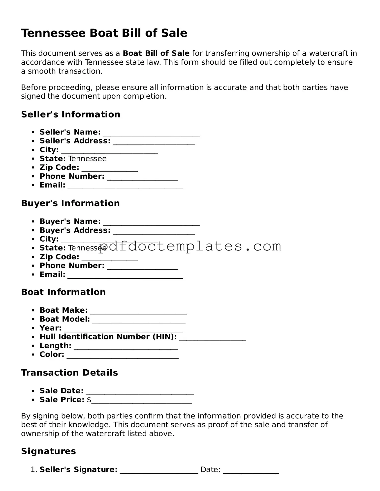 Blank  Boat Bill of Sale Document for Tennessee