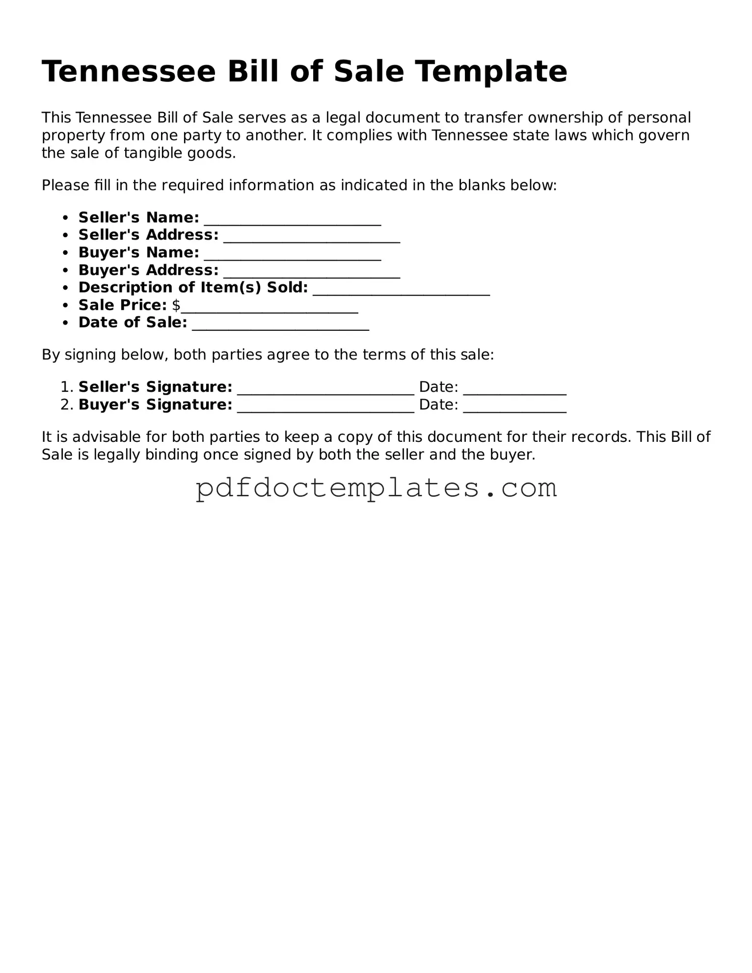 Blank  Bill of Sale Document for Tennessee