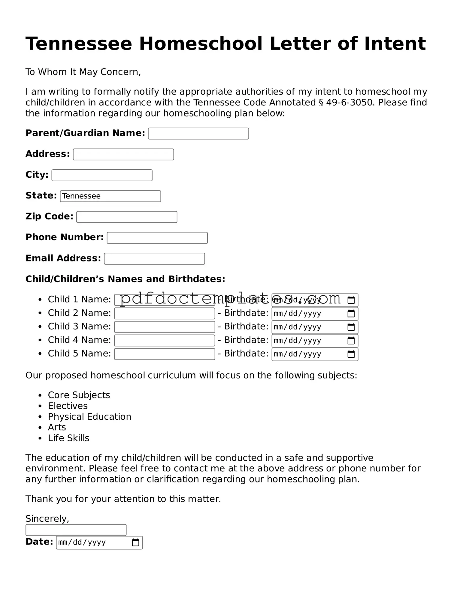 Blank Homeschool Letter of Intent Document for Tennessee