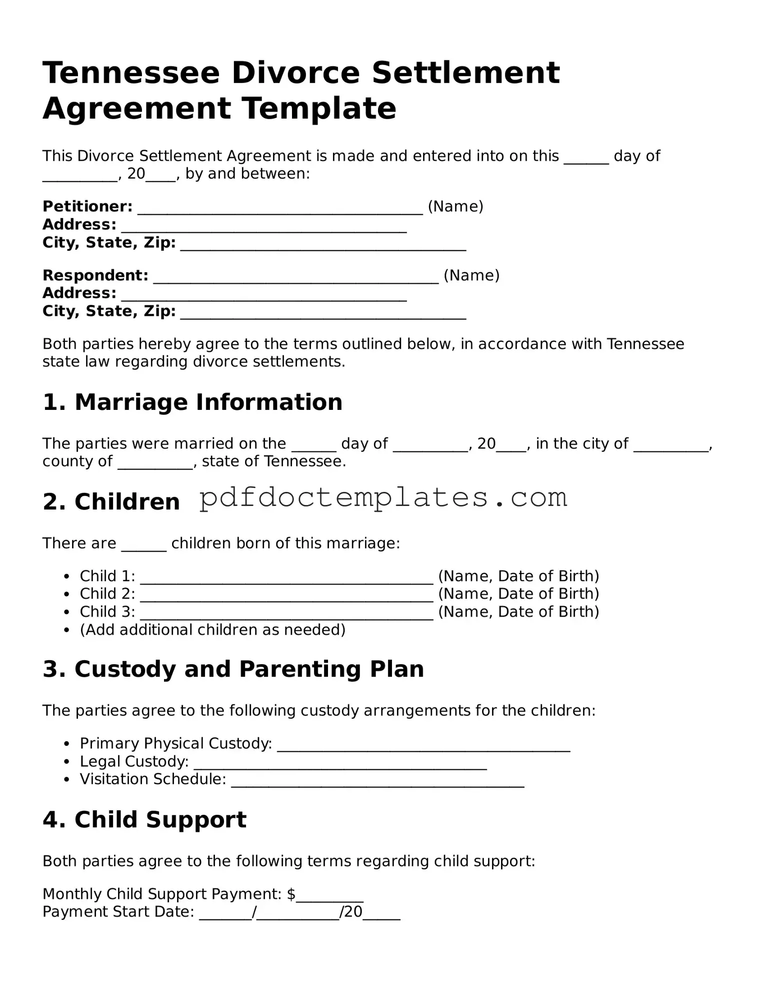 Blank  Divorce Settlement Agreement Document for Tennessee