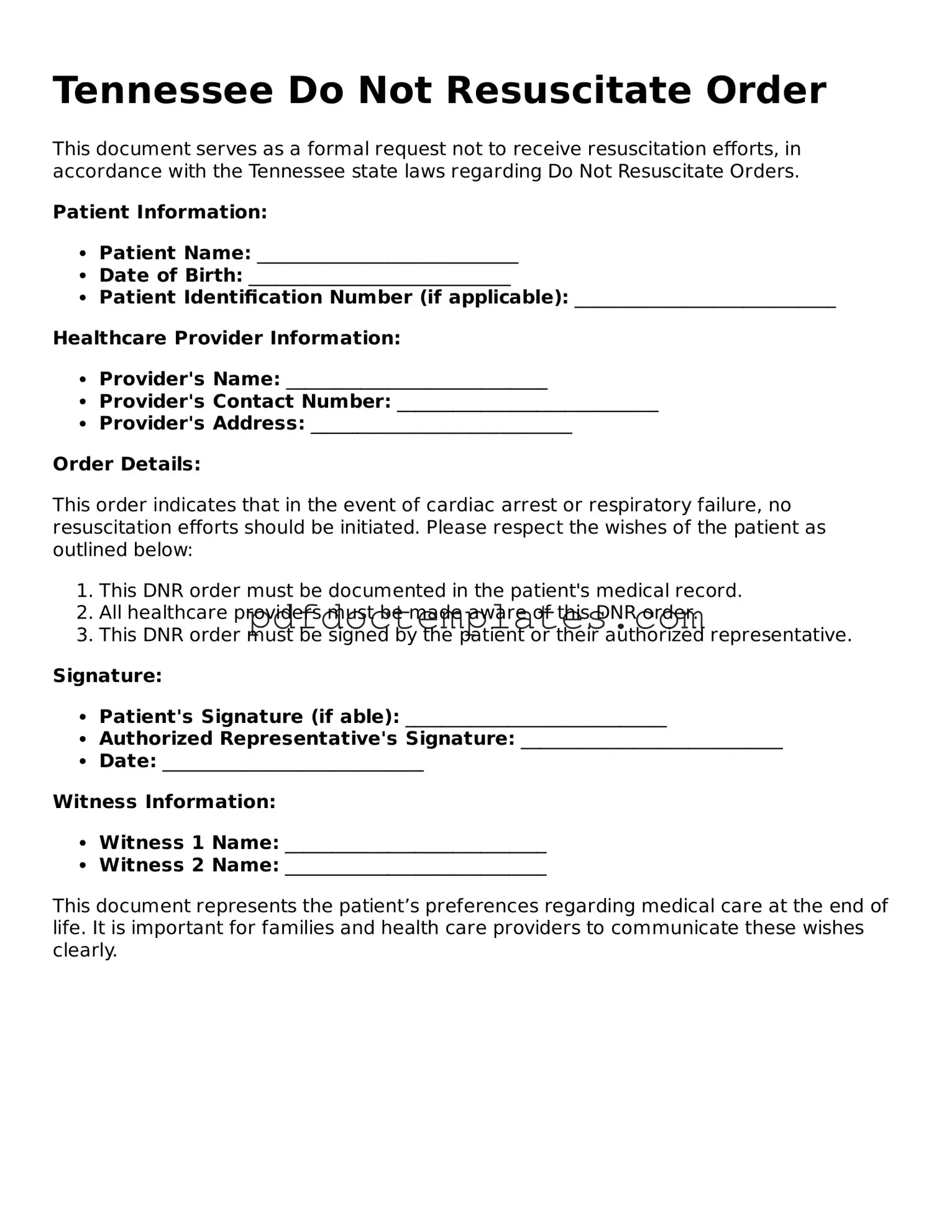 Blank  Do Not Resuscitate Order Document for Tennessee
