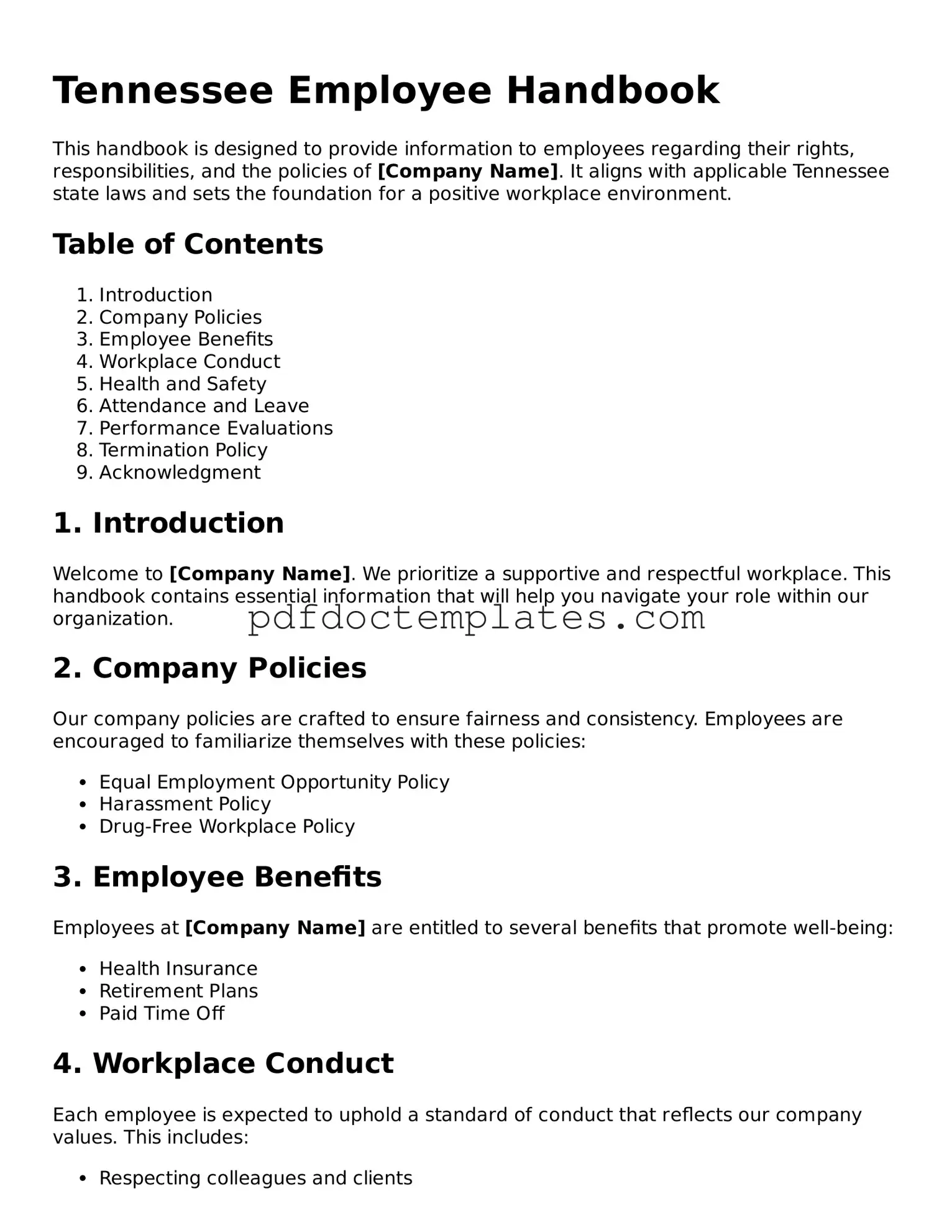 Blank  Employee Handbook Document for Tennessee