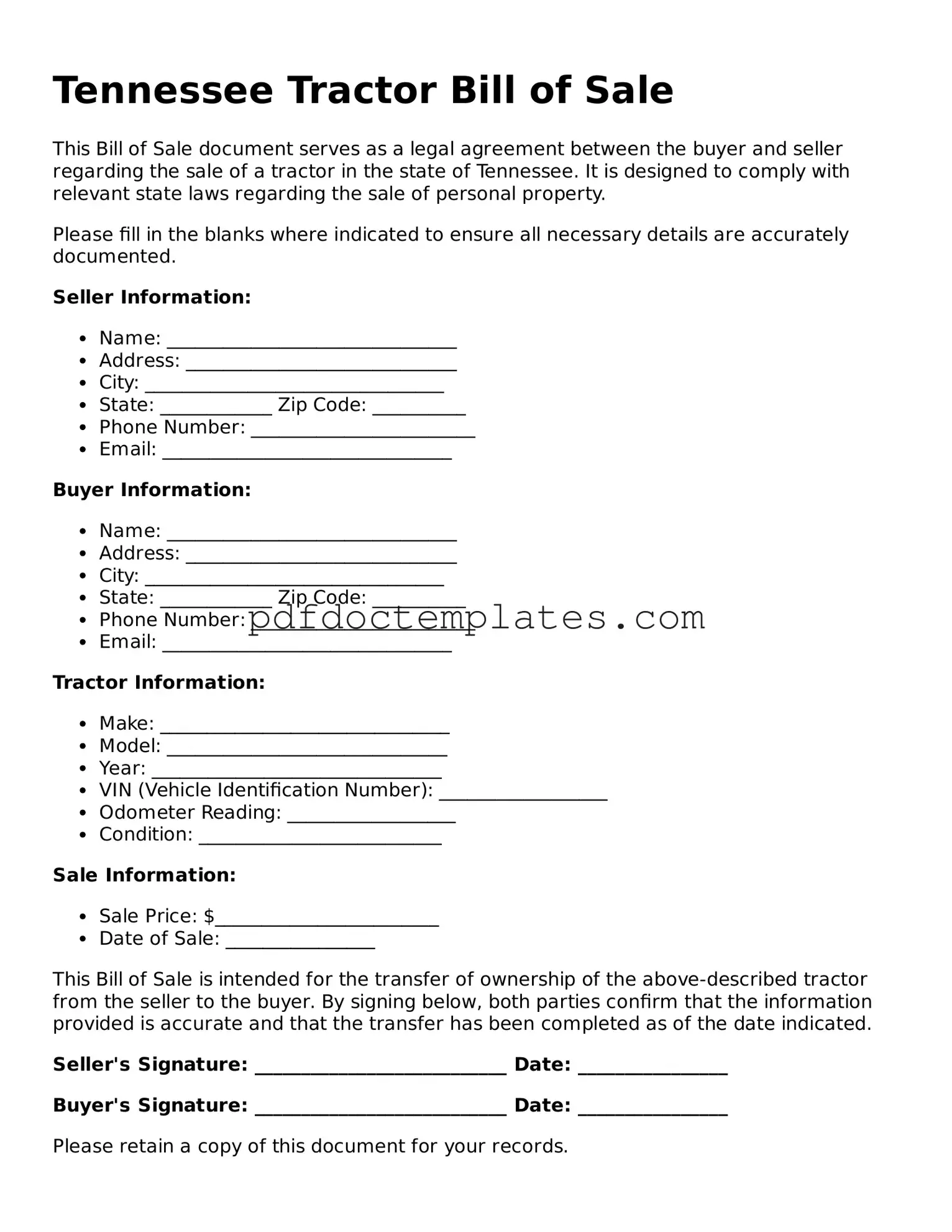 Blank  Tractor Bill of Sale Document for Tennessee