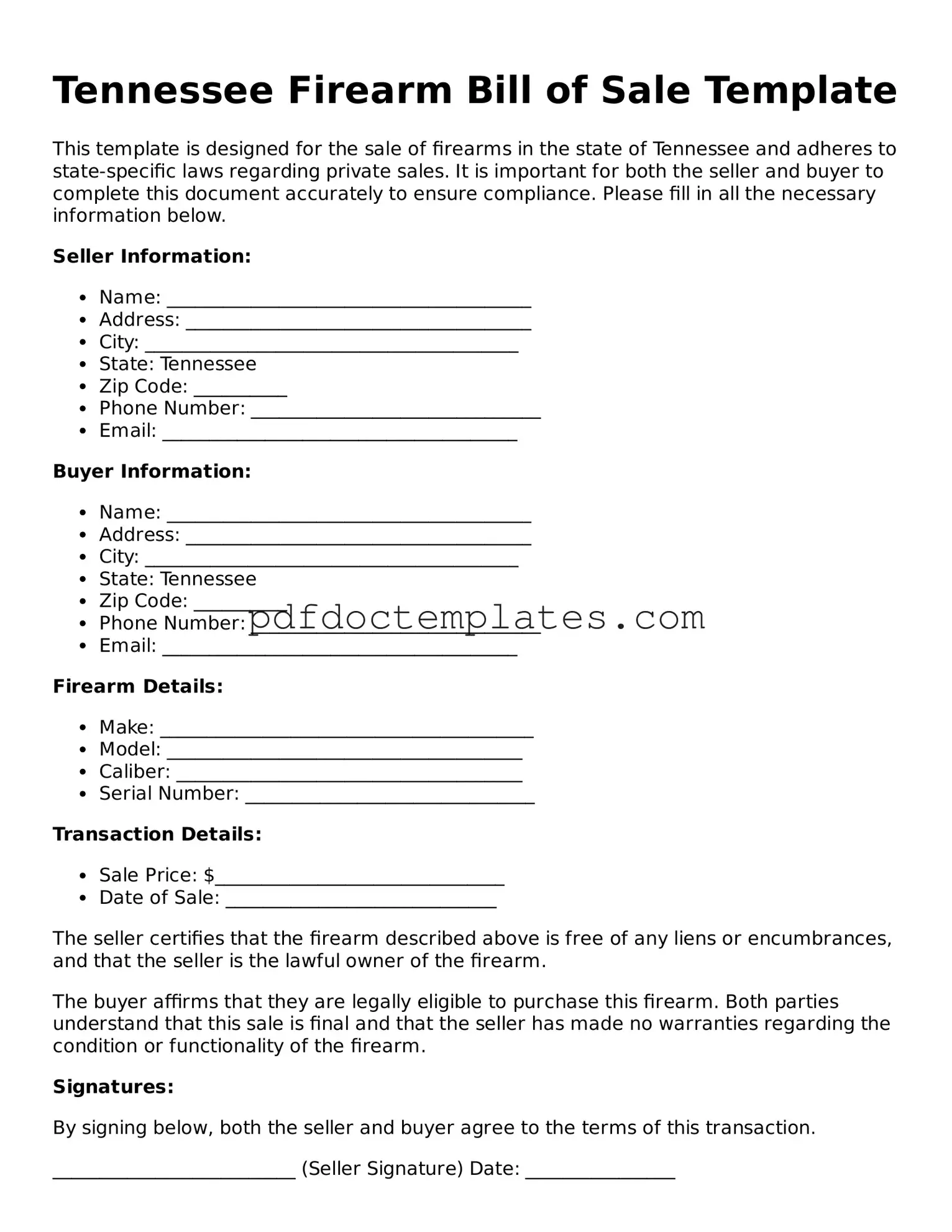 Blank  Firearm Bill of Sale Document for Tennessee