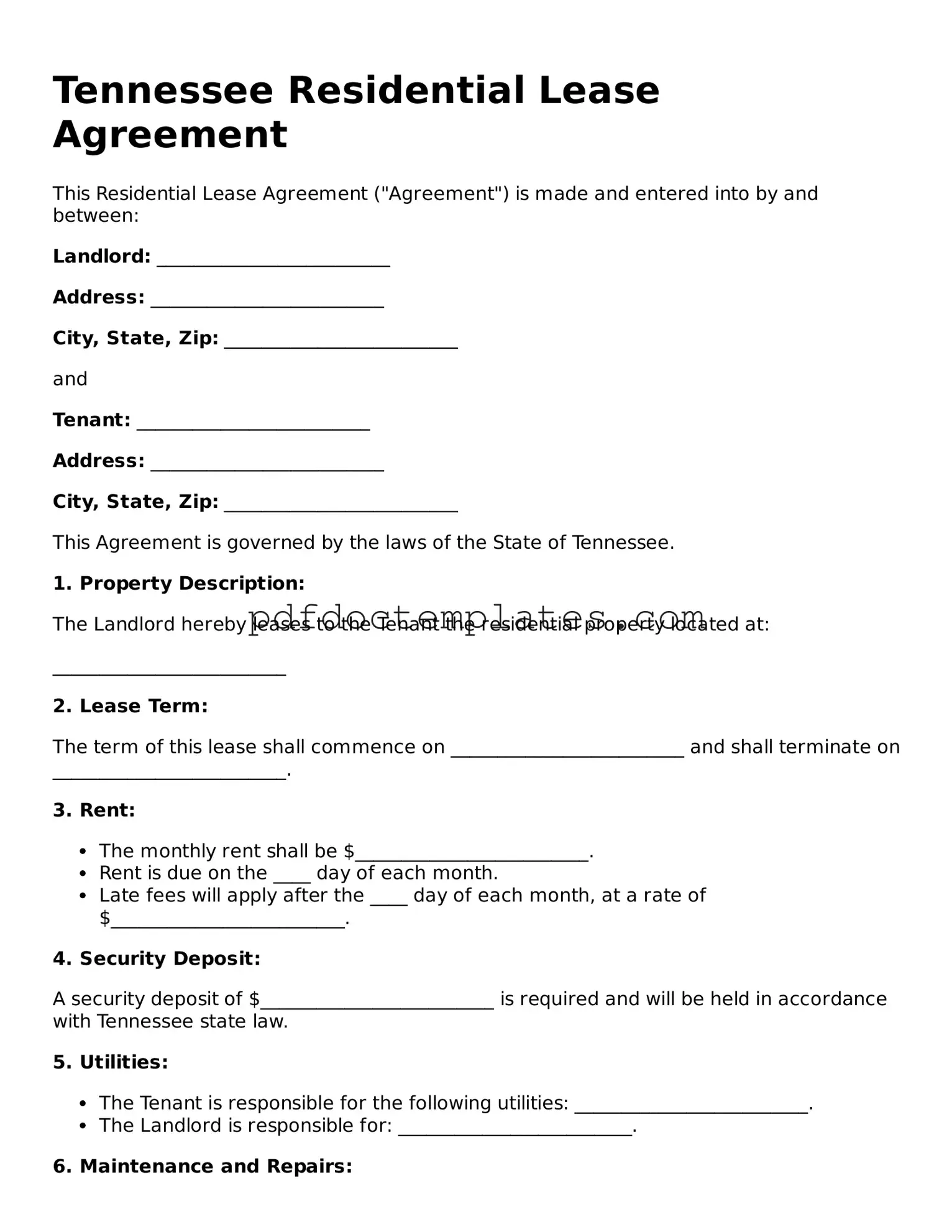 Blank  Residential Lease Agreement Document for Tennessee