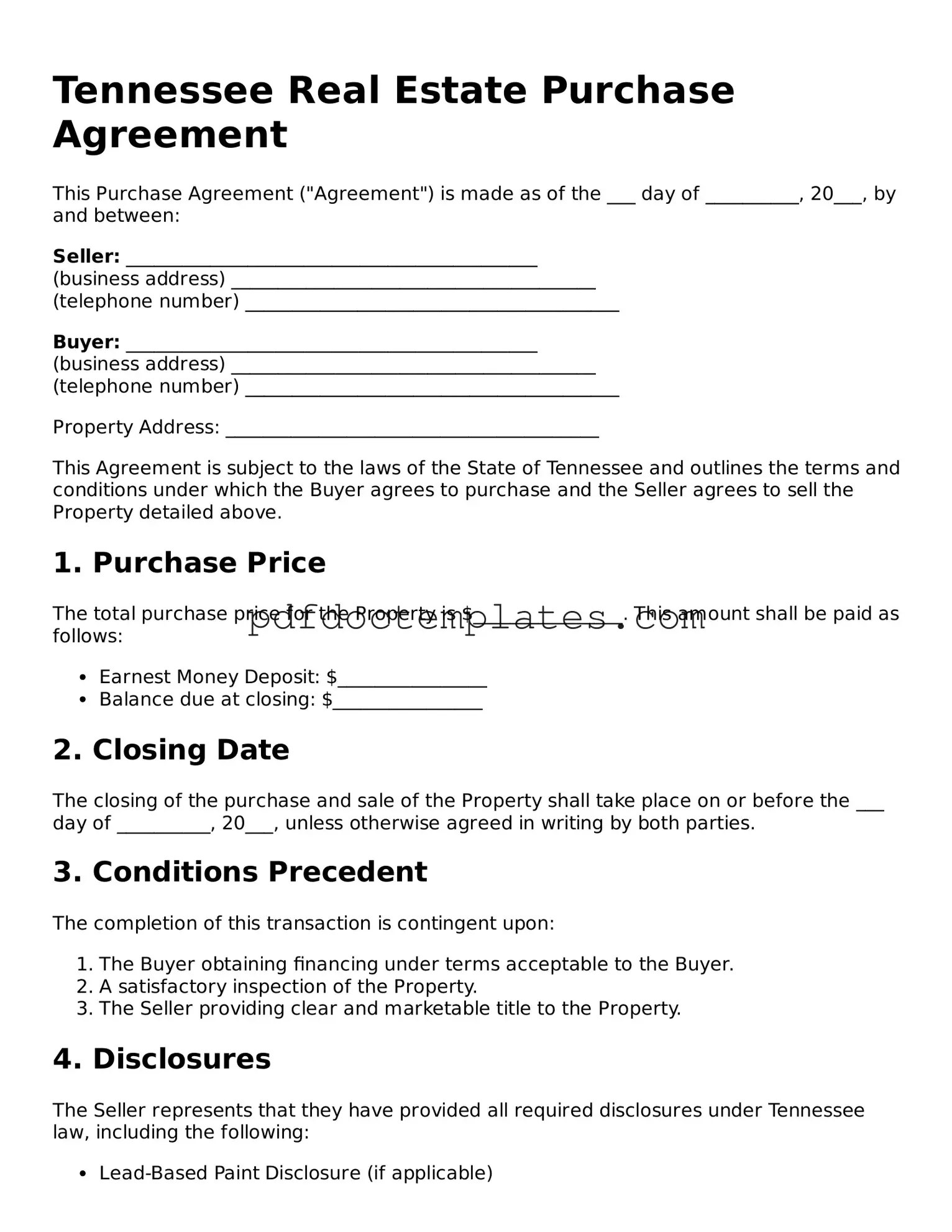 Blank  Real Estate Purchase Agreement Document for Tennessee